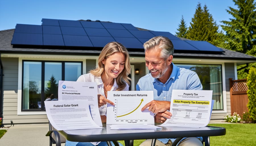 British Columbia homeowners standing in front of their solar-powered home
