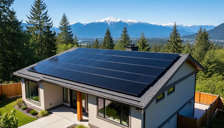 Solar panels installed on BC home roof with coastal mountains in background