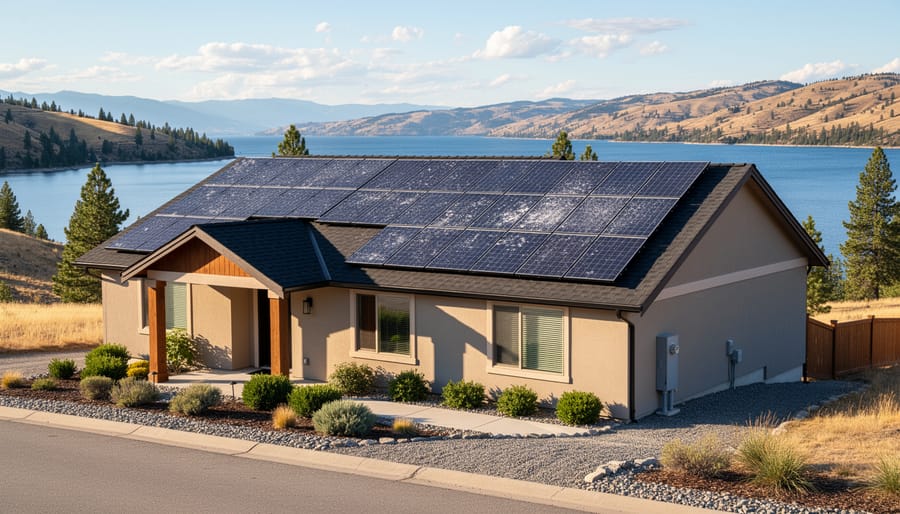 Aerial view of residential solar panels installed on BC home with mountain backdrop