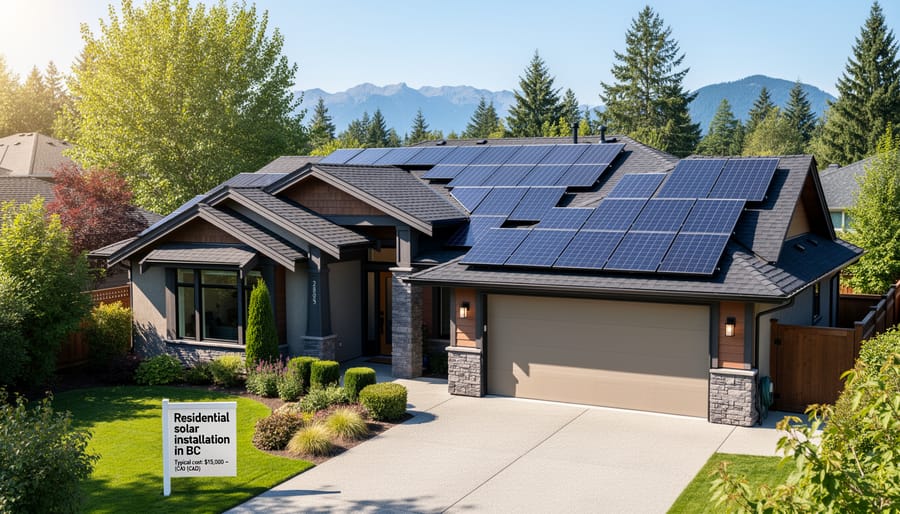 Solar panels installed on residential roof with BC mountains in background