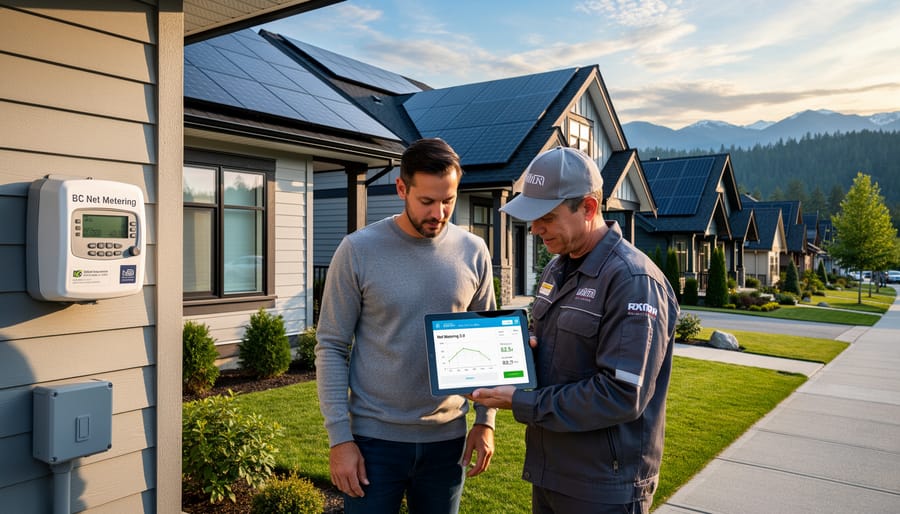 Solar panels installed on BC residential rooftop with mountain landscape in background