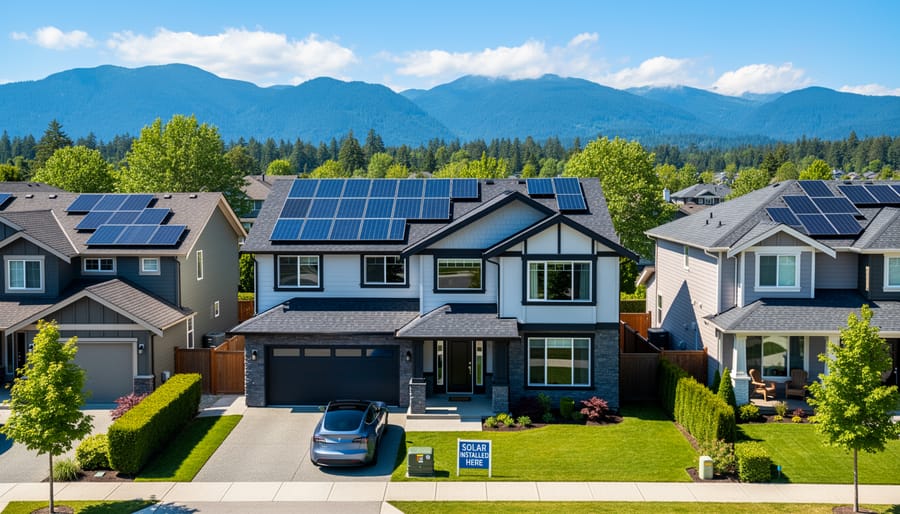 Solar panels installed on residential home rooftop in British Columbia