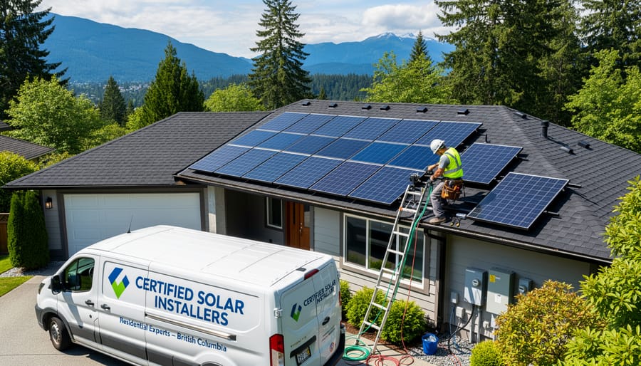 Professional solar panel installers working on residential roof in British Columbia with mountains in background