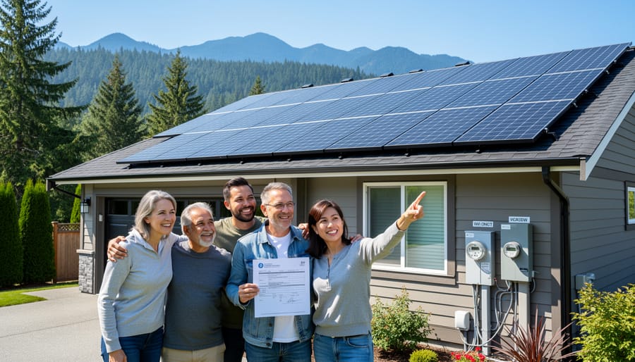 Homeowners standing in front of their newly activated solar panel system