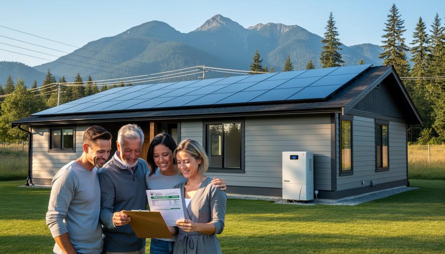 Happy couple standing in front of their solar-powered home in rural British Columbia