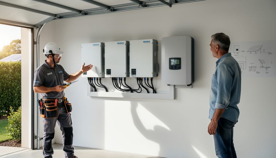 Professional installer inspecting residential second-life battery storage system on BC home