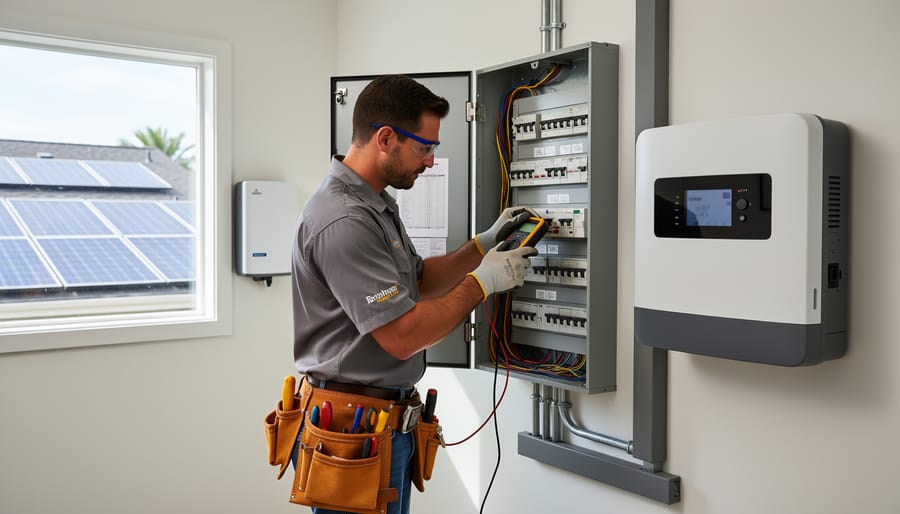 Licensed electrician performing electrical service upgrade work on residential meter base