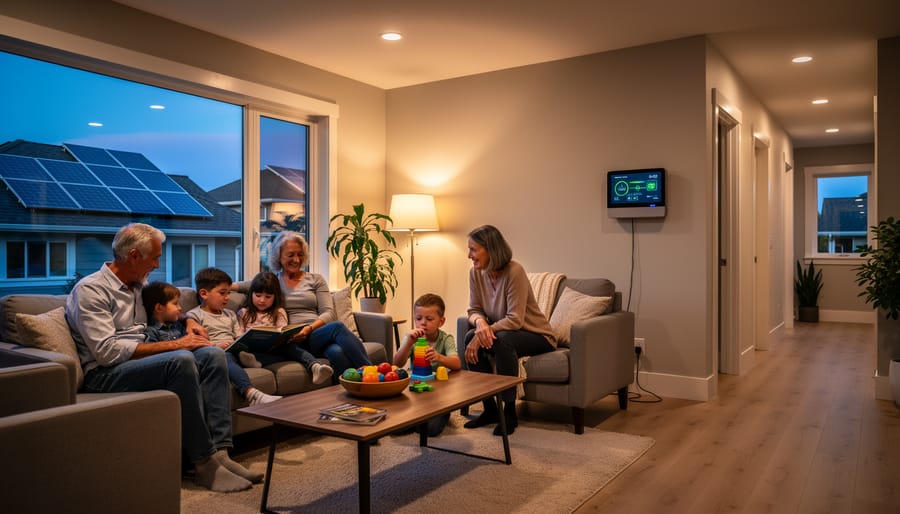 Family relaxing in well-lit living room during evening hours using stored solar energy