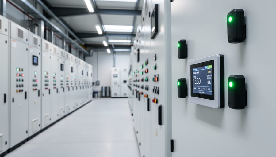 Technician adjusting hydrogen gas detector mounted on battery room wall