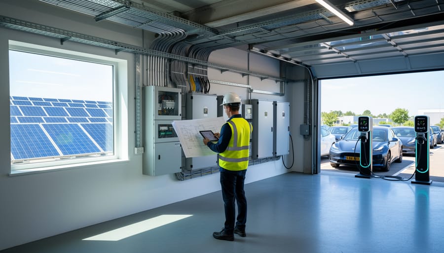 Electric vehicle charging at home with solar panels visible on roof