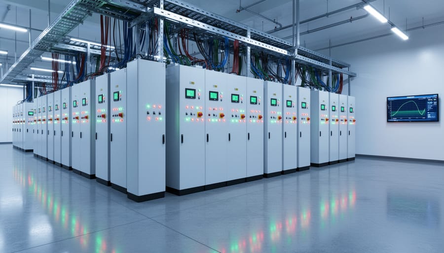 Close-up of lithium-ion battery storage modules with cooling vents and connections