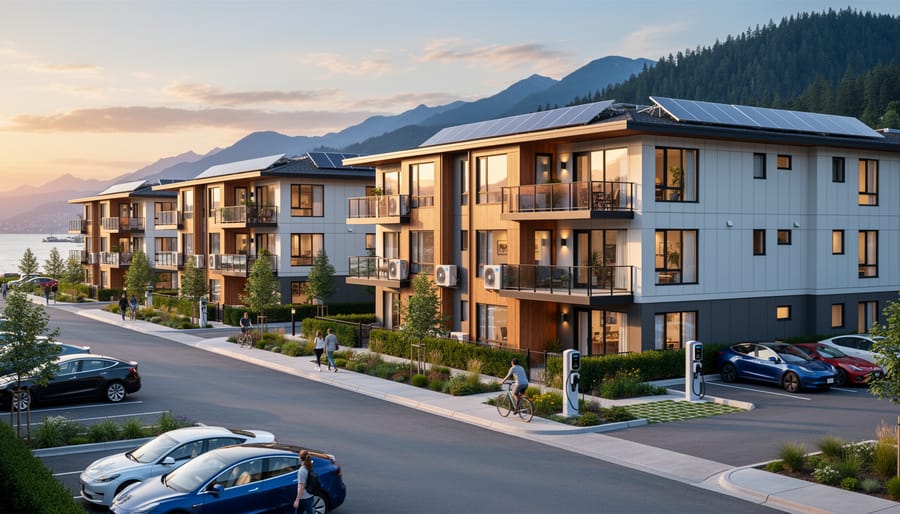 Modern multifamily apartment building with visible energy-efficient retrofit features including insulation and heat pump systems