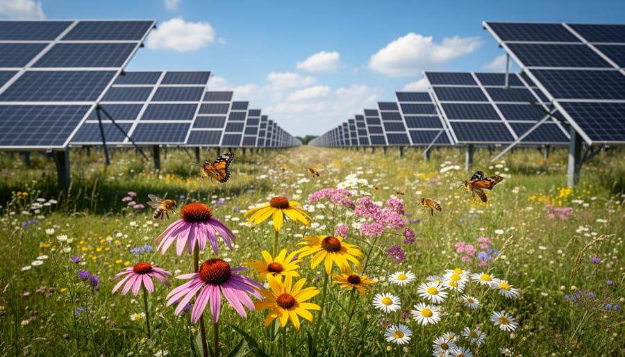 Bumblebee pollinating wildflower with solar panel in background
