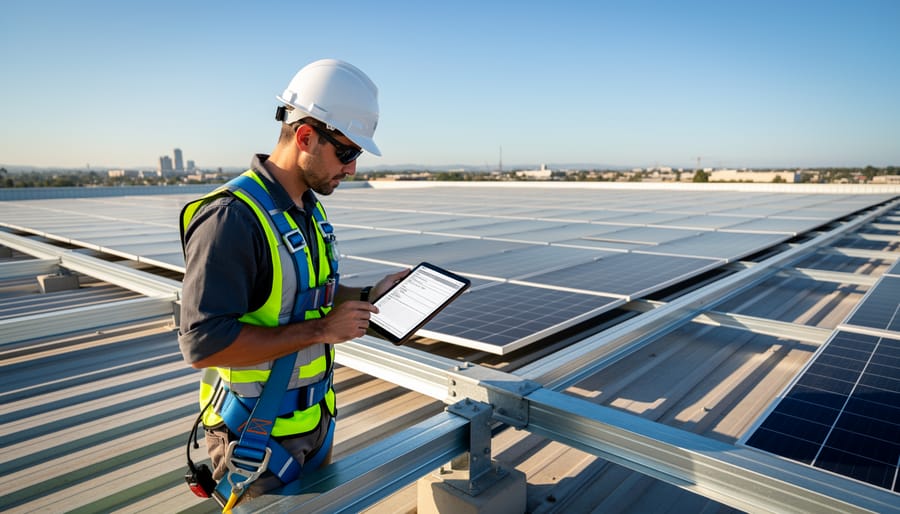 Solar technician inspecting mounting hardware and racking system on residential roof