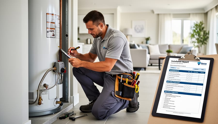 Solar installer performing professional inspection of solar panels on residential roof