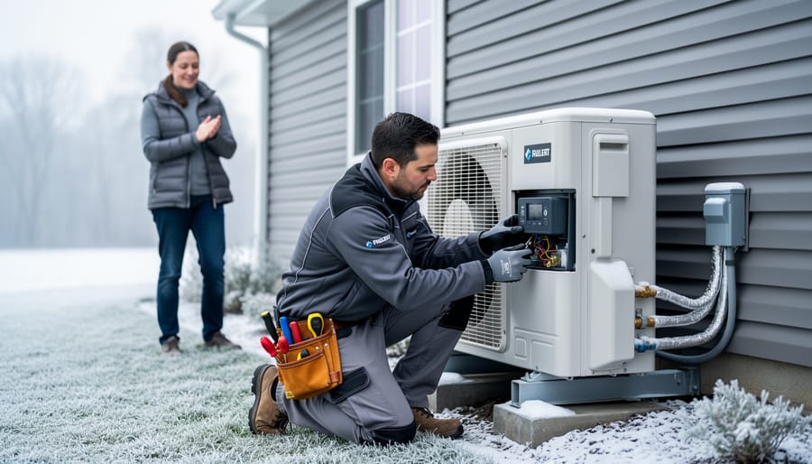 Professional HVAC technician installing cold-climate heat pump system