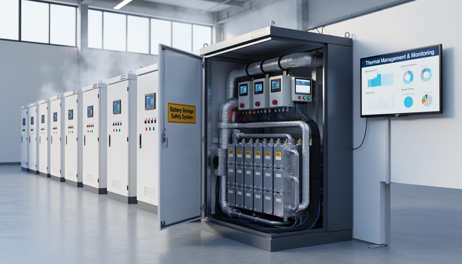 Wall-mounted residential battery storage system in garage with ventilation and monitoring features