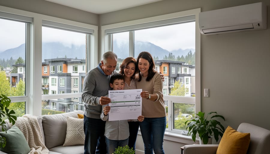 Family reviewing reduced utility bills in their energy-efficient retrofitted apartment