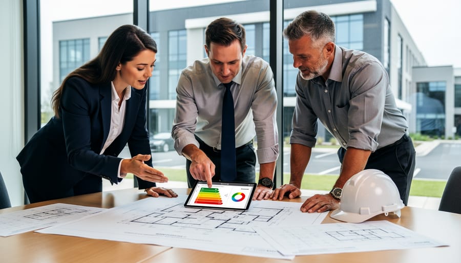 Building contractor and property manager discussing retrofit plans at multifamily construction site