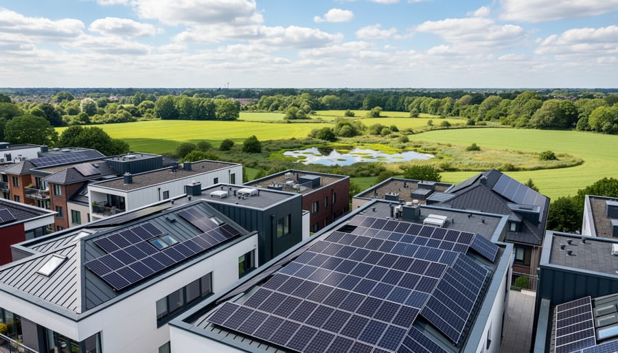 Aerial view of solar panels on residential roof surrounded by forested area