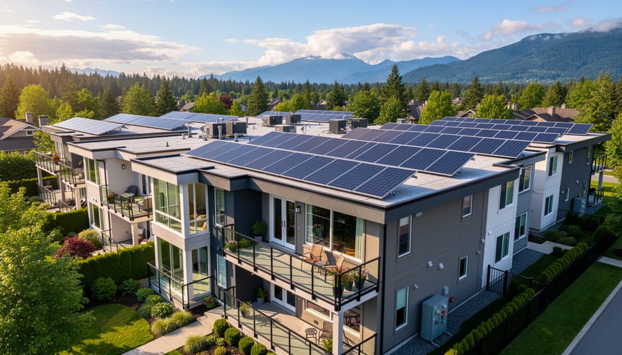 Solar panel array installed on multifamily building rooftop with Vancouver mountains in background
