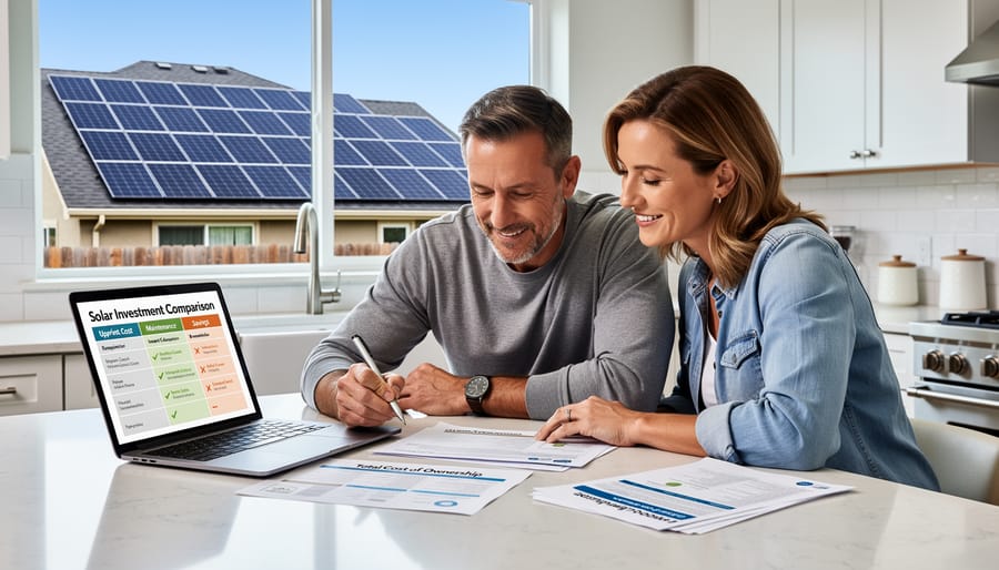 Happy BC homeowners standing in front of their solar-equipped home