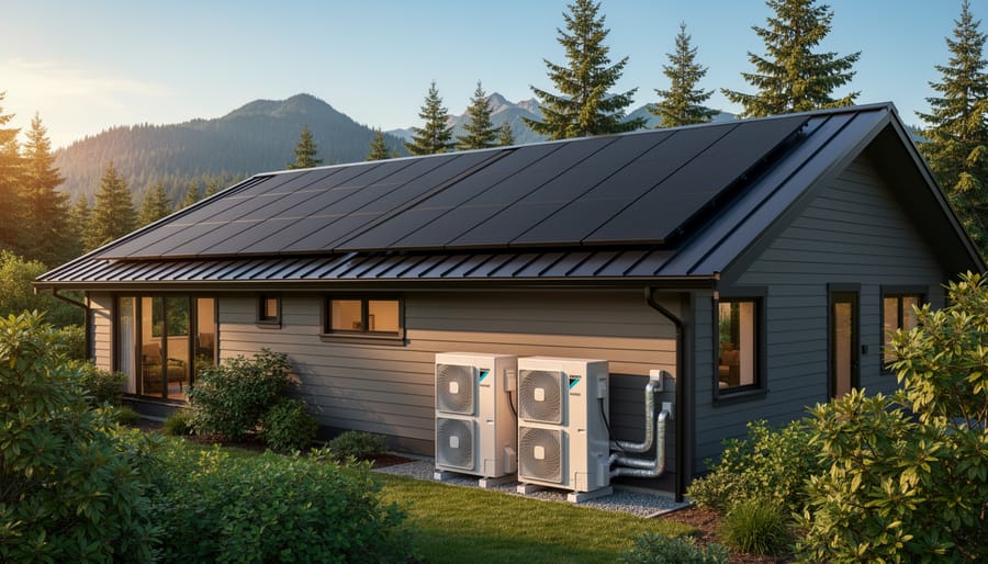 Solar panel array installed on residential roof with mountain landscape