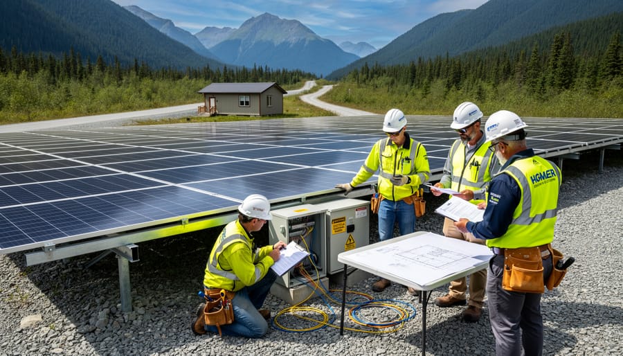 Solar installer working on residential solar panel system mounted on cabin roof