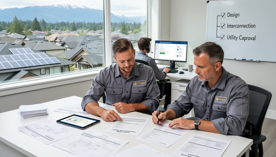 Solar installer reviewing documentation at residential installation site