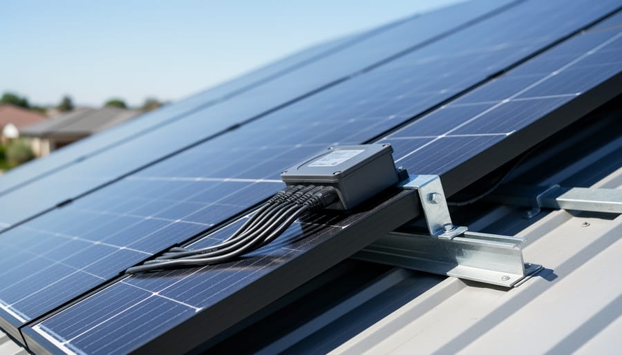 Close-up view of solar panels installed on residential roof showing mounting hardware and junction boxes