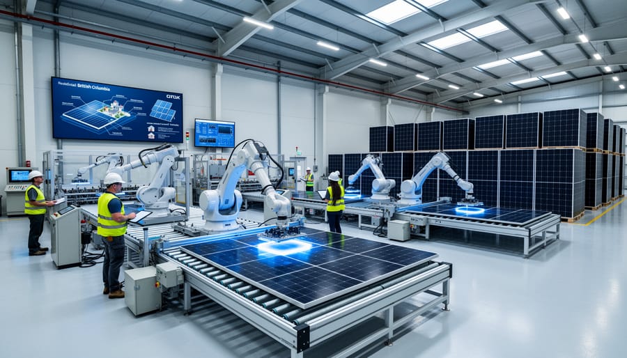 Automated solar panel manufacturing facility with robotic assembly equipment