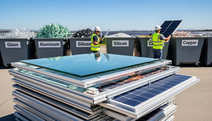 Deconstructed solar panel showing recyclable components including glass, aluminum frame, and photovoltaic cells