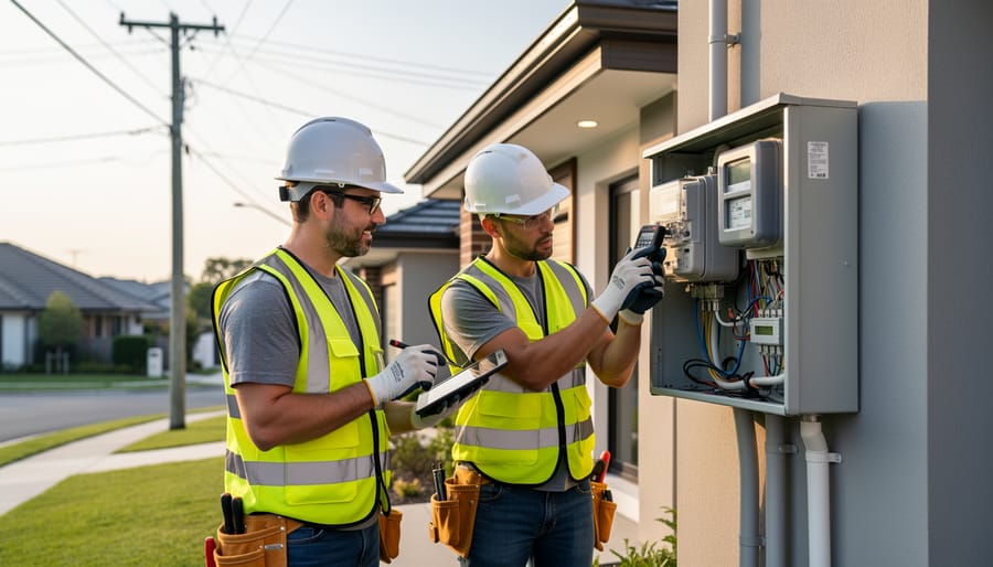Electrical technician working on residential utility meter installation
