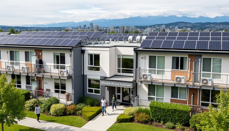 Multi-unit affordable housing building with solar panels and heat pump installations