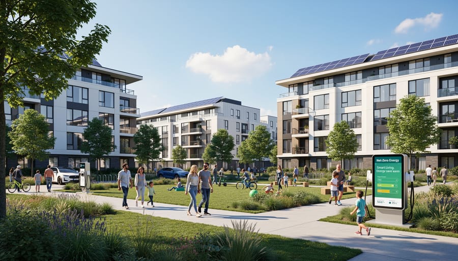 Aerial view of modern affordable housing community with solar panels and shared green spaces
