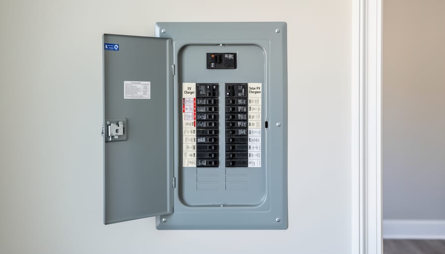 Modern 200-amp residential electrical panel with circuit breakers