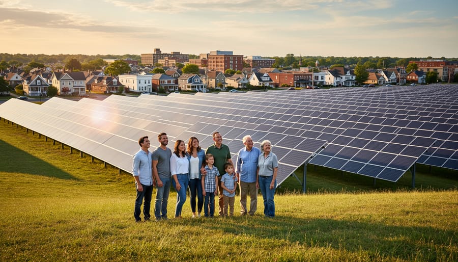 Ground-mounted community solar farm with rows of solar panels in British Columbia countryside