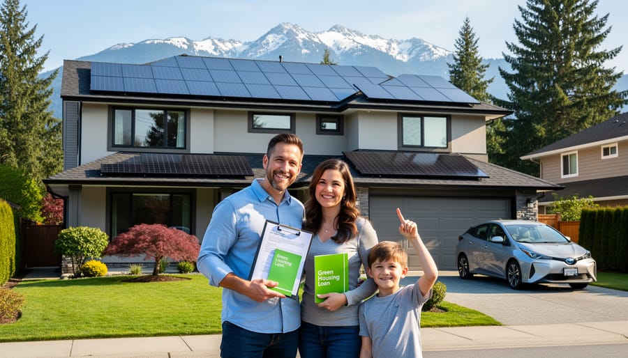 Family standing proudly in front of their solar-equipped home in British Columbia
