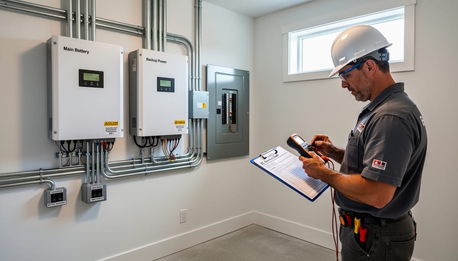 Residential lithium-ion battery storage system properly mounted on garage wall