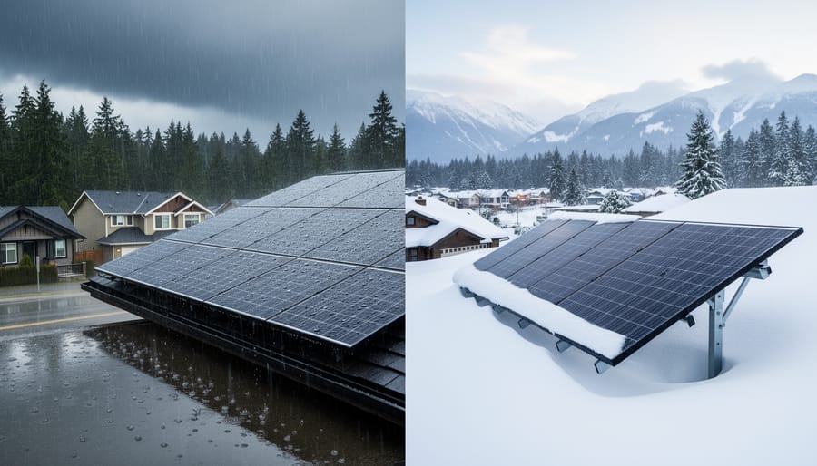 Residential roof with heavy snow accumulation and BC mountains in background