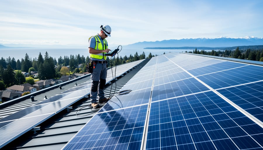 Commercial solar panel installation on BC rooftop with technician performing system checks