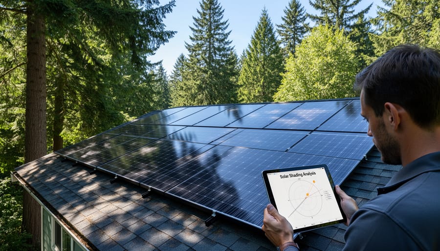 Tall BC trees casting shadows across residential roof with solar panels