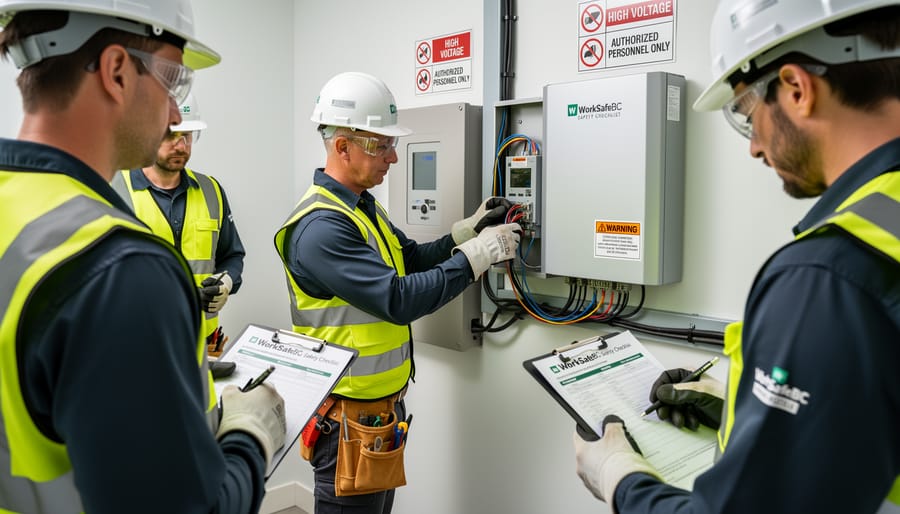 Electrician wearing safety gloves installing electrical disconnect on battery system