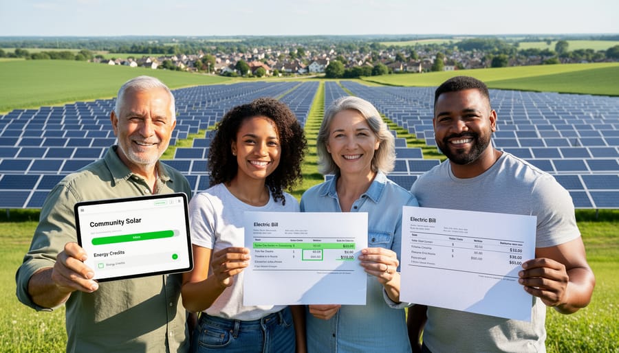 Large community solar farm with rows of solar panels in open field