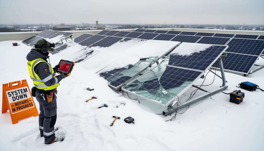 Cracked and damaged solar panel showing structural failure from snow load