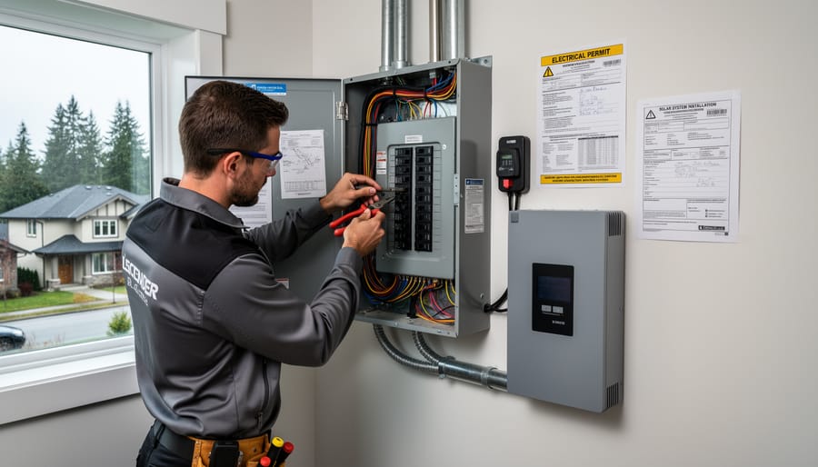 Electrician installing circuit breakers in residential electrical panel