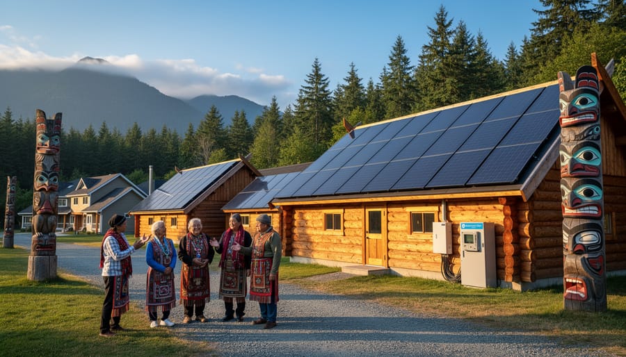 Solar panels mounted on traditional cedar building with Indigenous design elements