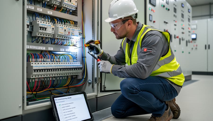 Installer inspecting electrical wire connections in solar panel junction box