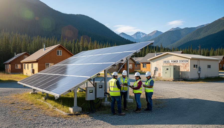 Aerial view of remote Indigenous community with solar installations surrounded by BC forest
