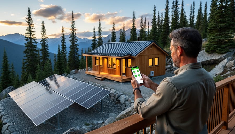 Person checking solar system monitoring app on smartphone with mountain cabin in background